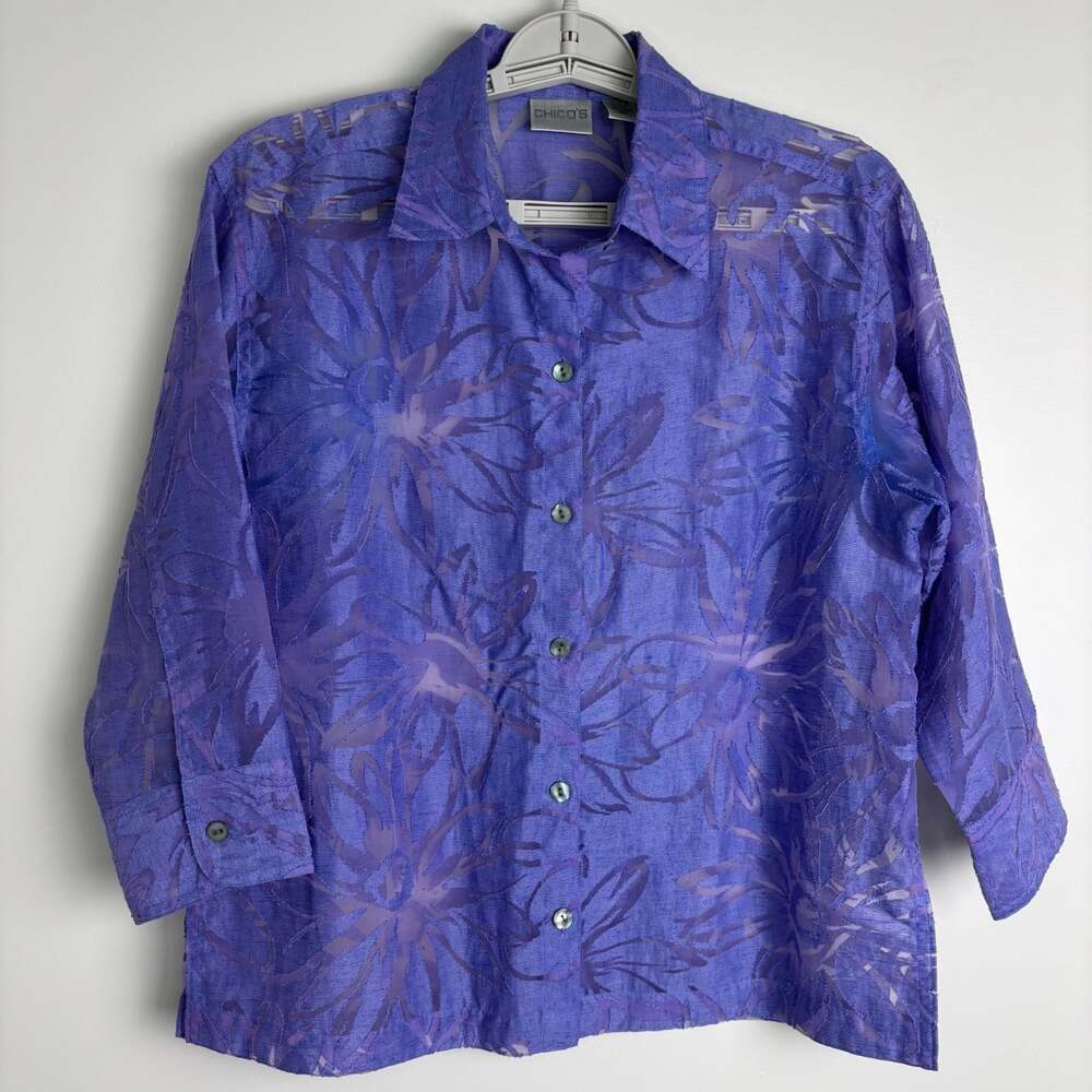 CHICO'S Linen Blend Sheer Floral Button Up Top Womens S Collar 3/4 Sleeve Purple